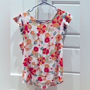 Ruffle cap sleeve, Large, 100% Viscose, white, sage, pale pink, red and orange.